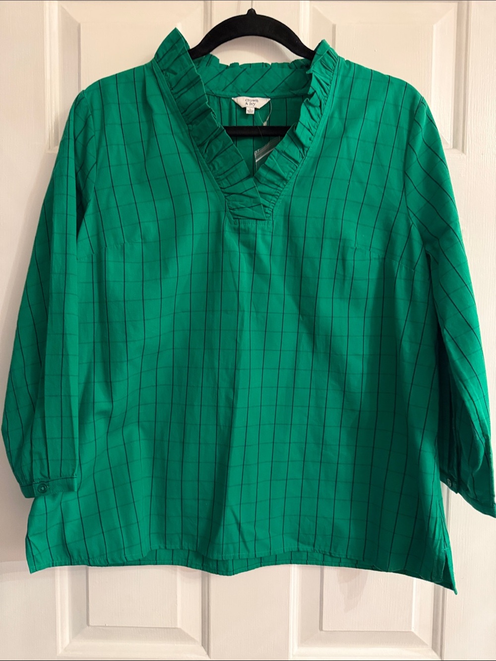 crown & ivy Emerald Green Windowpane Ruffle V-Neck Blouse